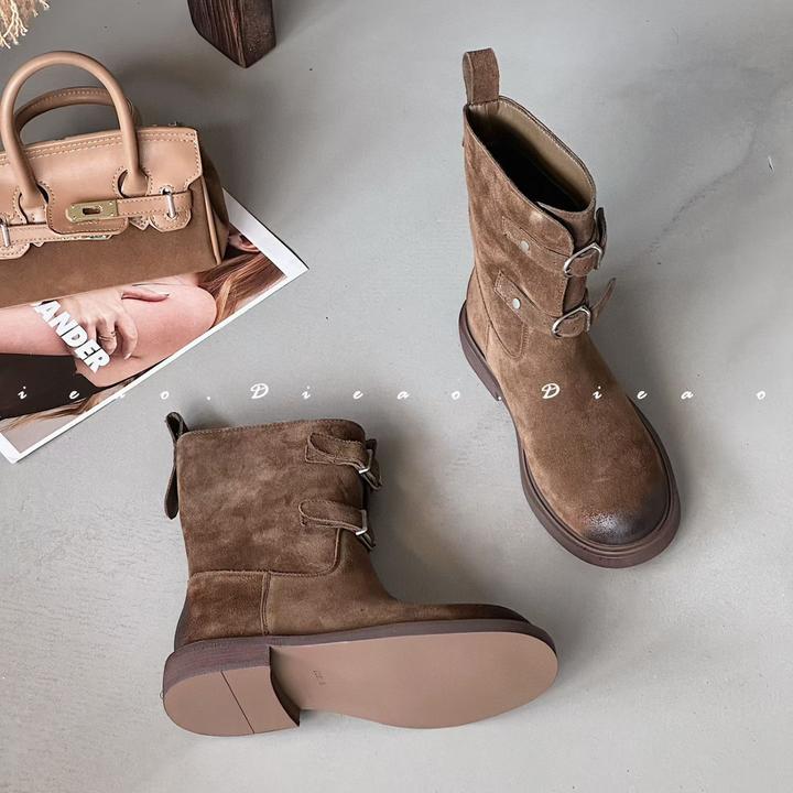 牛皮版短靴厚底皮带扣拼色时尚复古擦色皮筒靴马丁靴休闲百搭粗跟
