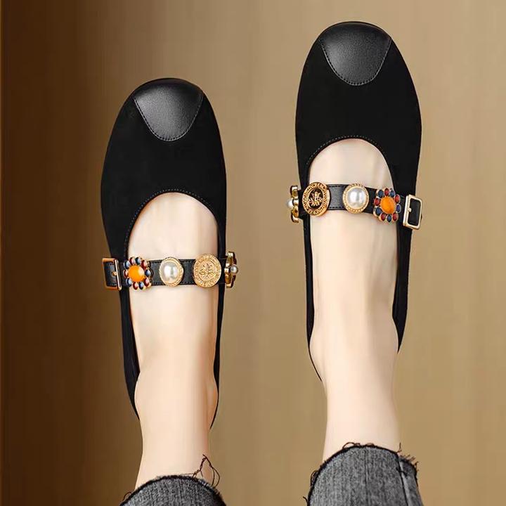 全软羊皮法式单鞋女平底2025春秋季新款玛丽珍鞋珍珠豆豆鞋仙女风