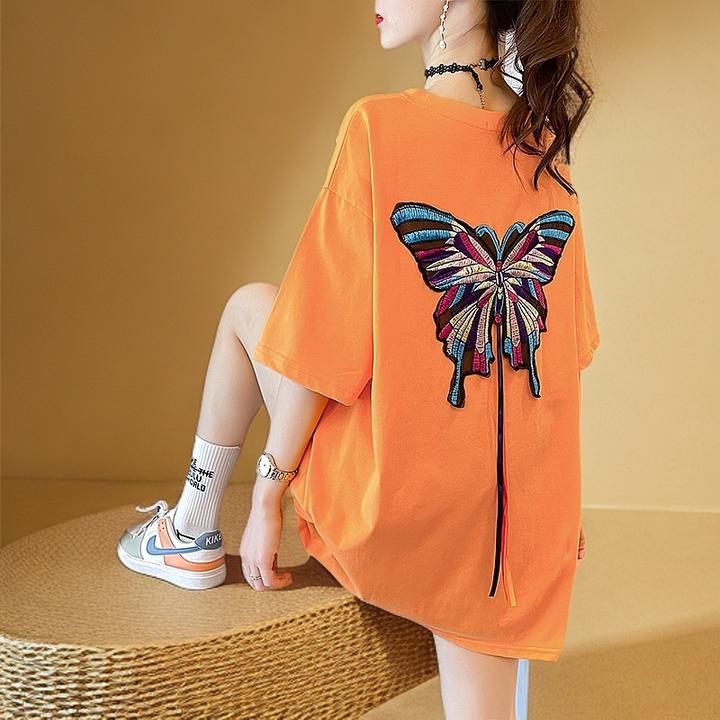 新款蝴蝶刺绣个性t恤女夏季百搭设计感小众宽松潮显瘦时尚韩版潮2