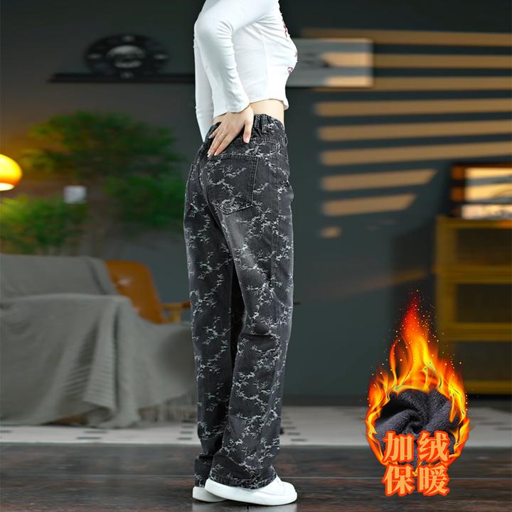 美式复古秋冬加绒撞色刺绣提花微喇宽松水洗高街痞帅直筒牛仔裤男