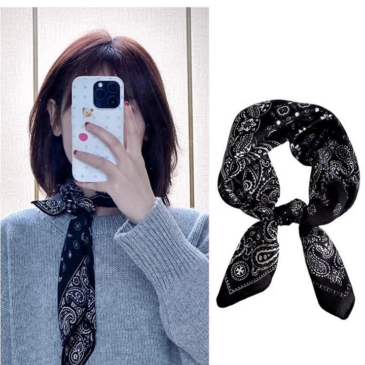 腰果花春秋新款仿丝绒小方巾女丝巾百搭时尚韩版护颈围巾夏季领巾