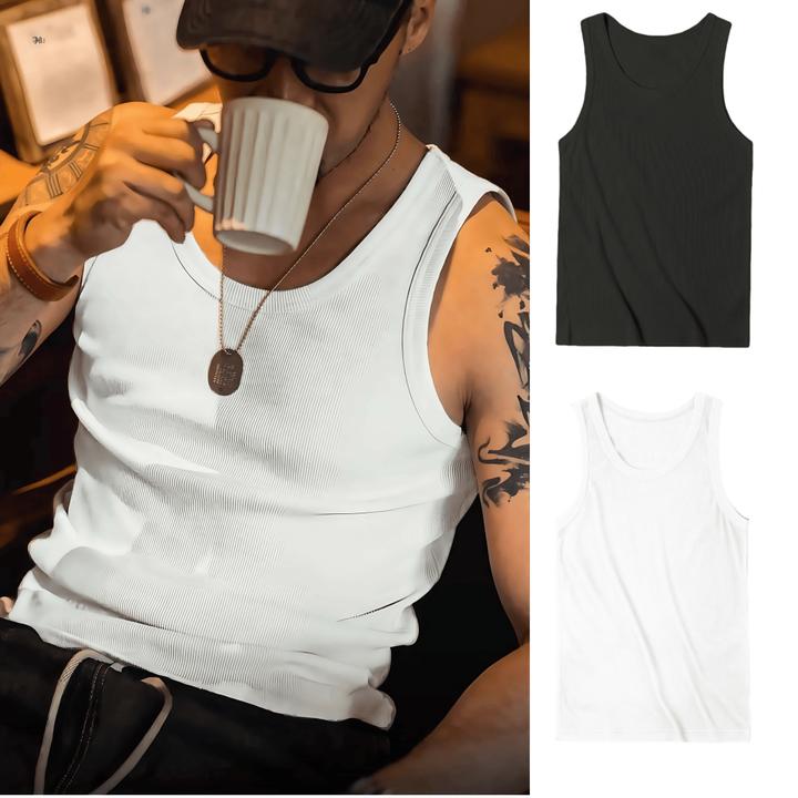 重磅高弹纯色修身无袖背心T恤运动健身螺纹内搭打底衫男夏