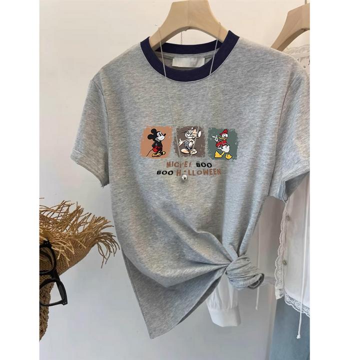 小众不撞款正肩拼色纯棉短袖t恤女2025新款时尚百搭灰色上衣夏季