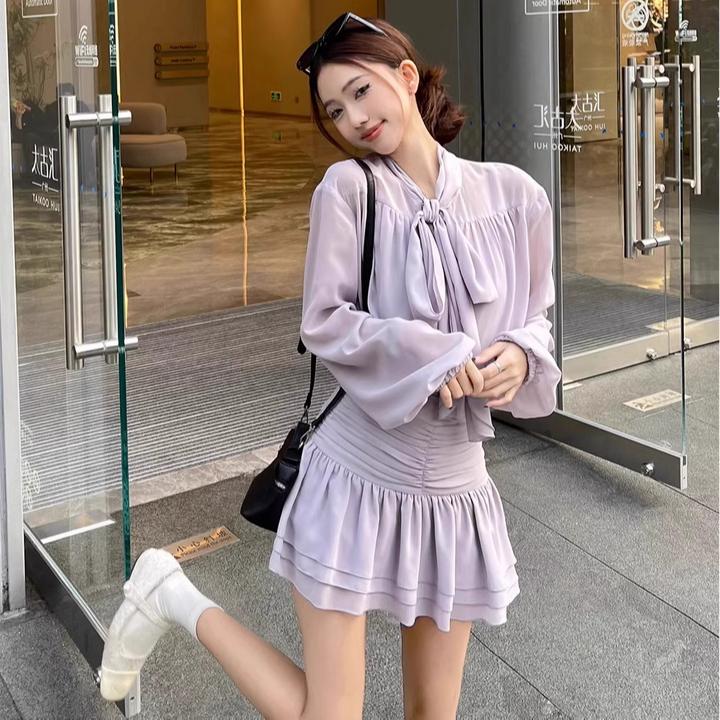【紫色银河】纯欲显瘦蝴蝶结衬衫+显瘦半身短裙三件套
