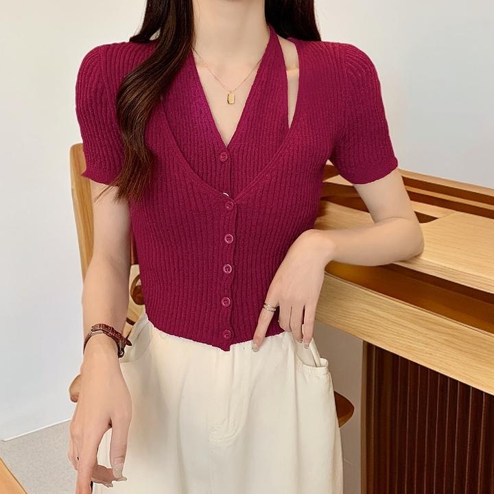 7106甜辣妹挂脖假两件短袖针织开衫纯欲风性感修身短款别致女上衣