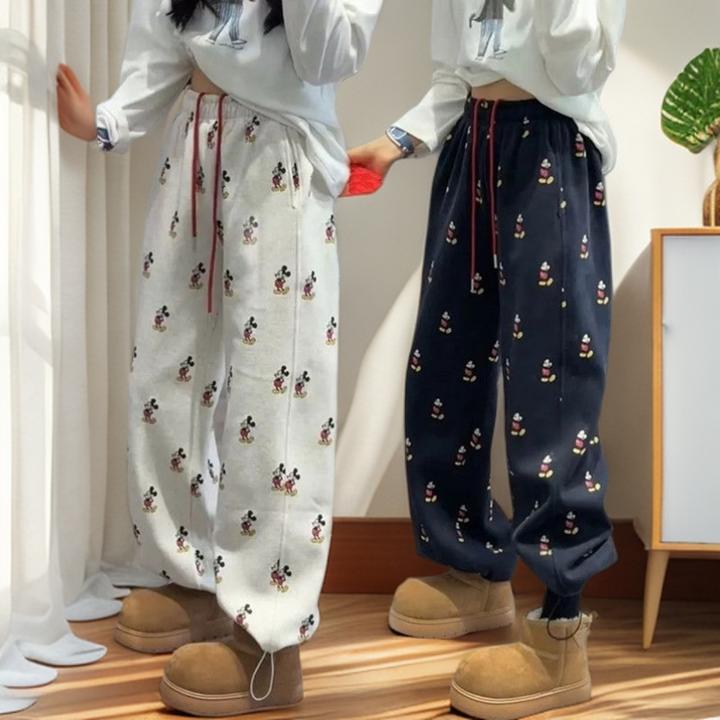 胖mm300斤卡通满印抽绳束脚休闲裤女秋冬大码潮牌宽松加绒阔腿裤