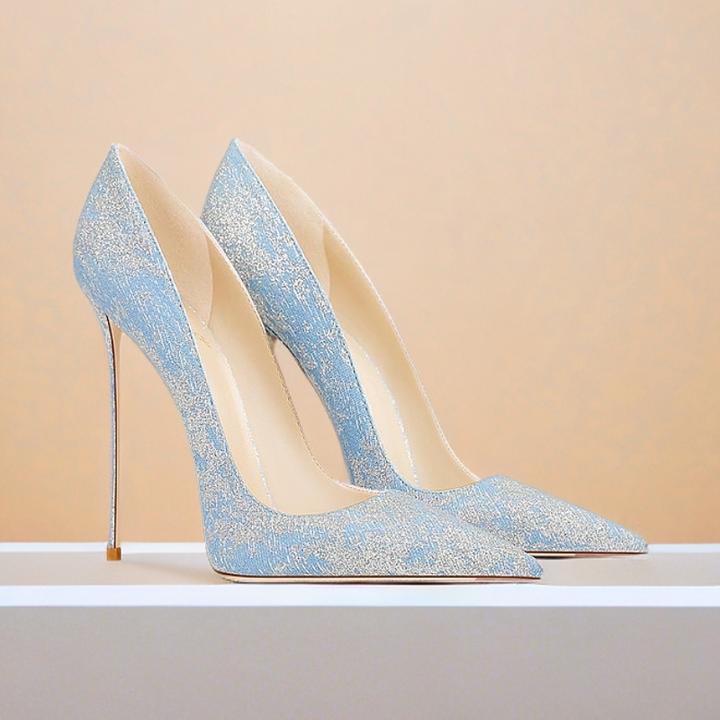 女士高跟鞋2025春秋新款蓝色时尚格利特细跟尖头绝美渐变浅口单鞋