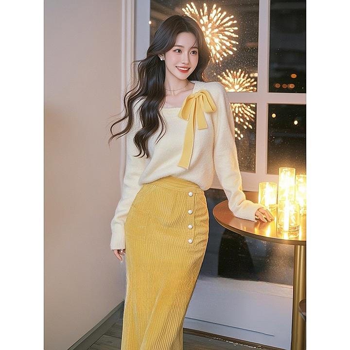 早春小香风套装富家千金奶fufu慵懒黄色蝴蝶结毛衣内搭两件套裙装