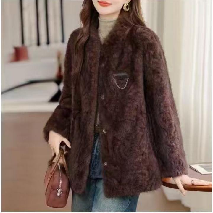 女保暖冬季中长款通勤风仿皮草皮毛一体外套宽松网红秋冬洋气大衣