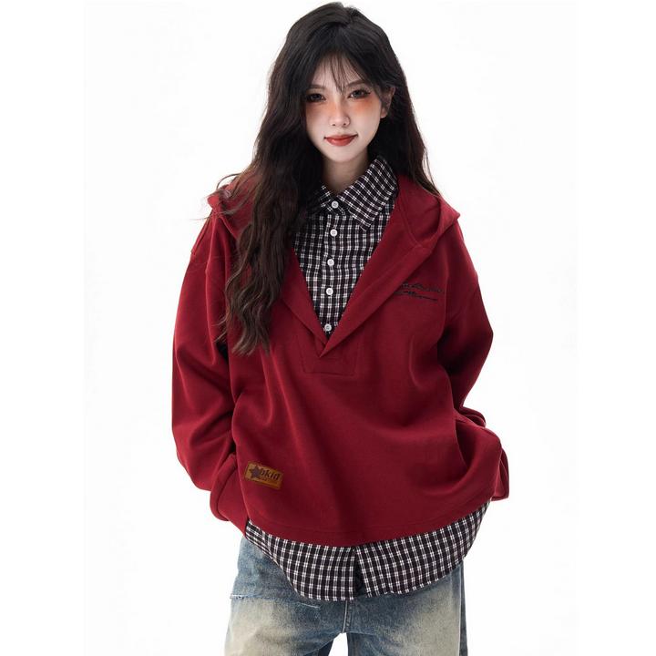 HandSeven美式复古格子假两件卫衣外套女秋季外套男女学院风上衣