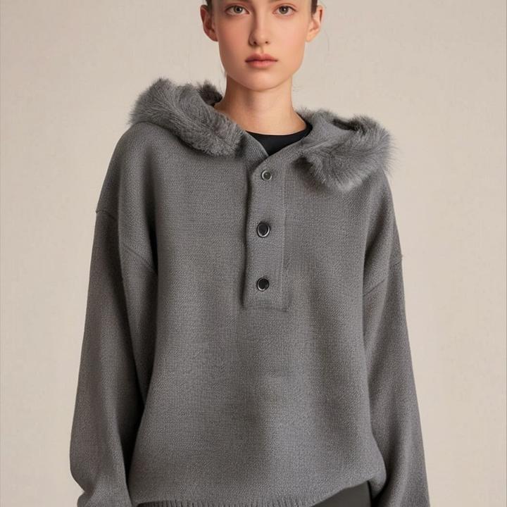 美式复古冬季连帽针织衫外套男女老钱风慵懒感毛毛领保暖宽松毛衣