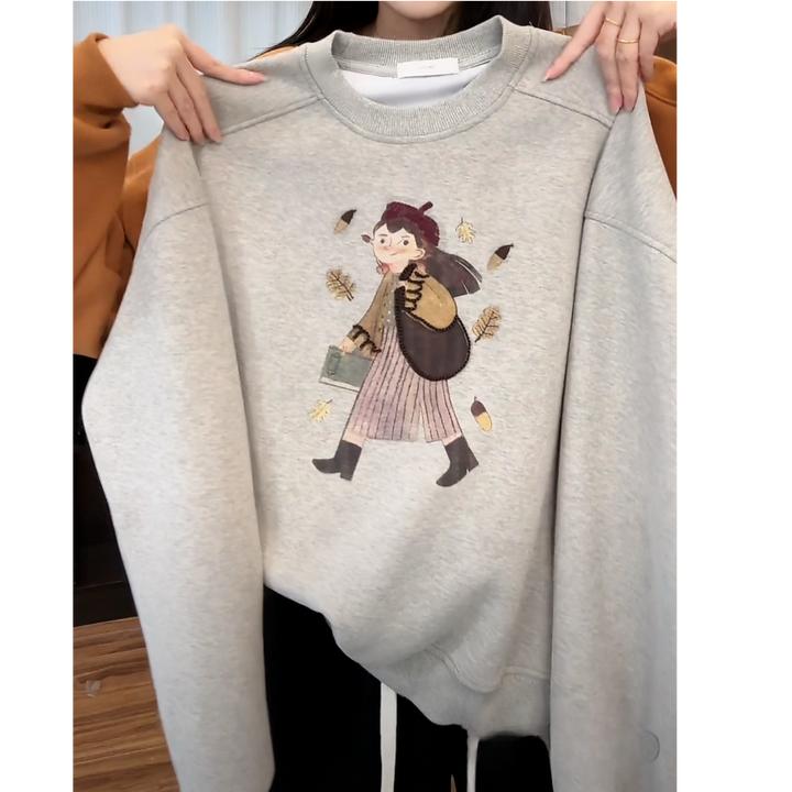 设计感卡通图案加绒卫衣女秋冬2024年新款ins风休闲圆领长袖上衣