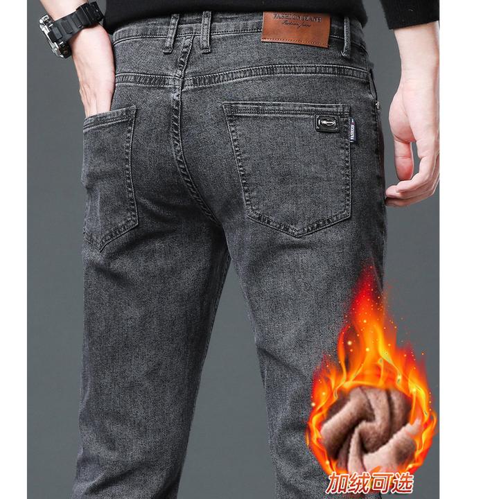 香港秋冬款高端时尚加绒牛仔裤男士修身直筒加厚保暖弹力外穿长裤