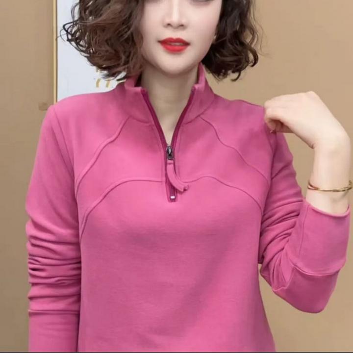 2024拉链拼接纯色保暖卫衣时尚半高领半拉链上衣加绒冬秋女士