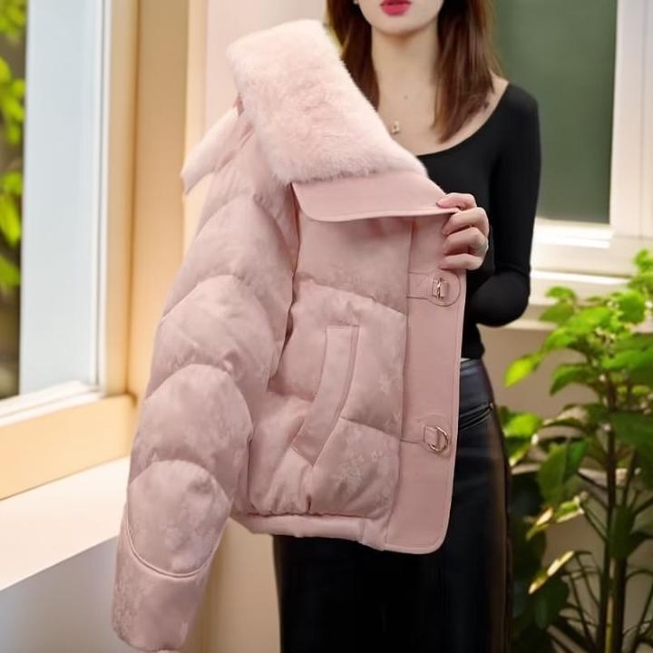 小香风粉色拼接气质翻领百搭棉服女短款2025冬季新款好看纯色外套
