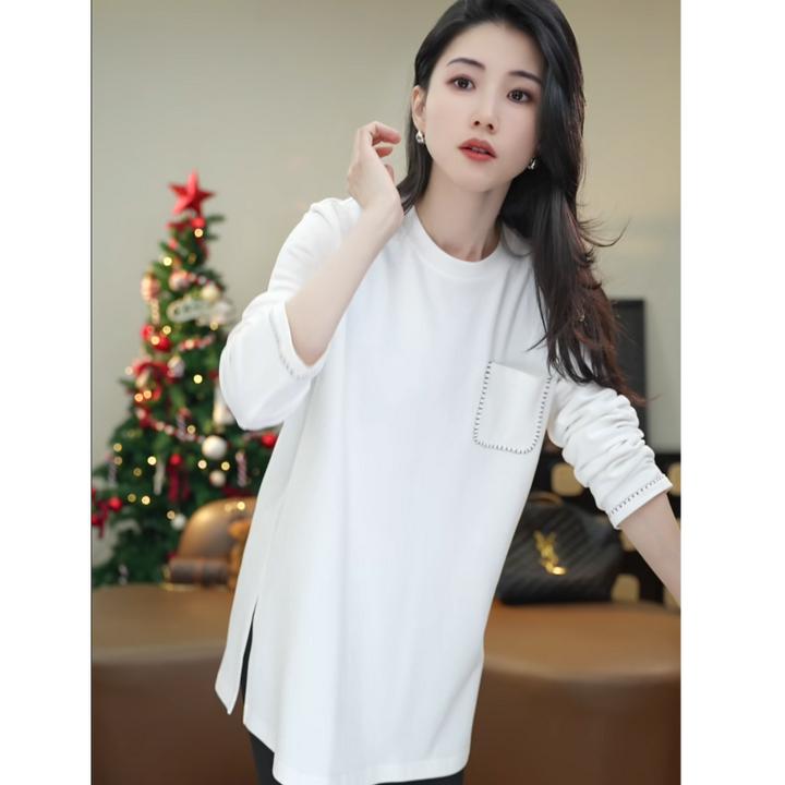 小乖逃白色卫衣口袋花边黑白线袖口梯子纯色简约宽松M9718