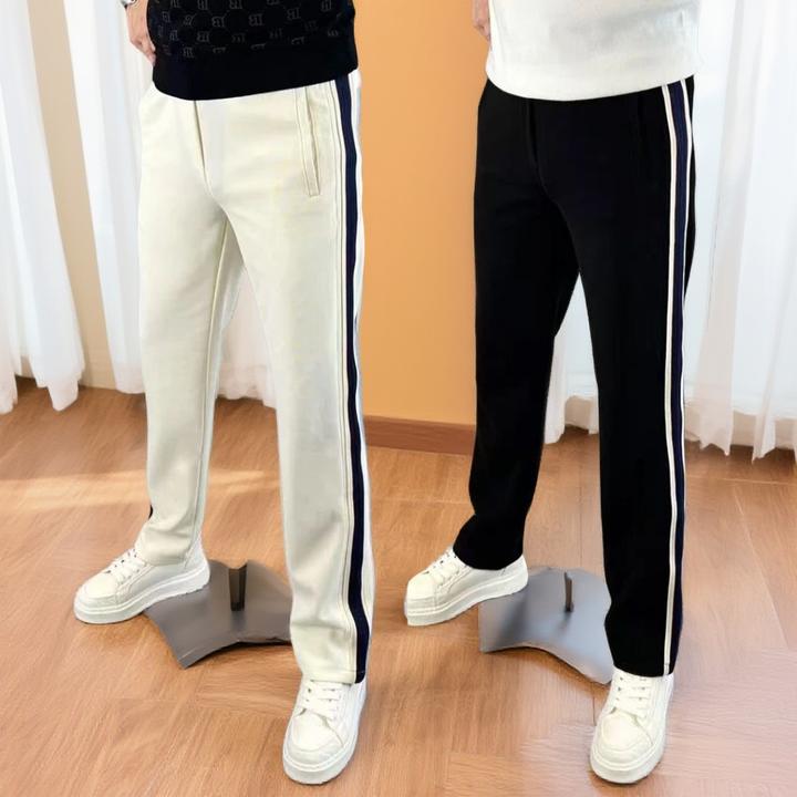 男款冬款加绒裤子男士直筒条纹织带松紧腰抽绳秋冬潮流百搭长裤男