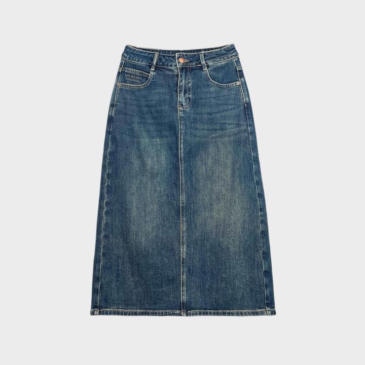 字母灵感后开叉高弹力舒适A字遮胯显瘦牛仔裙半身裙