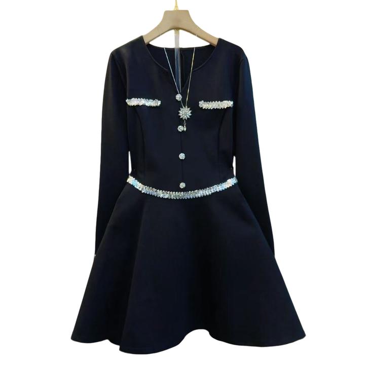 春款时尚V领法式拼接亮片气质百搭显瘦连衣裙（长87左右）