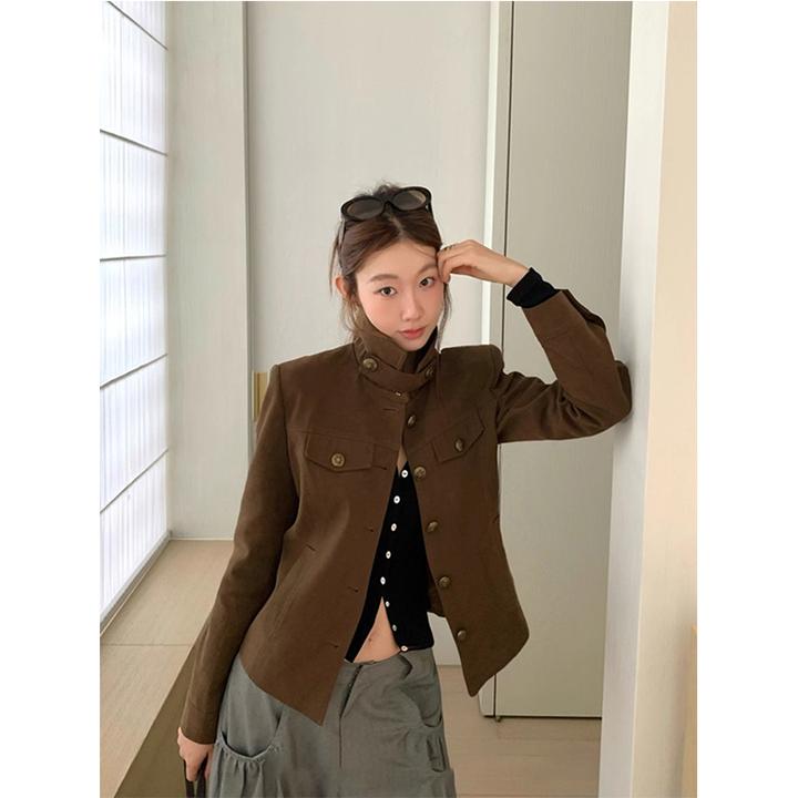 摩登设计感翻领外套百搭夹克女2025秋新款工装风蜡感短款修身上衣