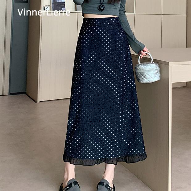 薇妮诺秋冬拼接高腰蕾丝中后开叉长裙波点半身裙百褶小个子中长款