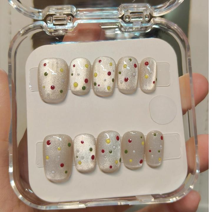 【甜言蜜语】手工短款彩色波点猫眼穿戴甲可爱甜美显白高级感美甲