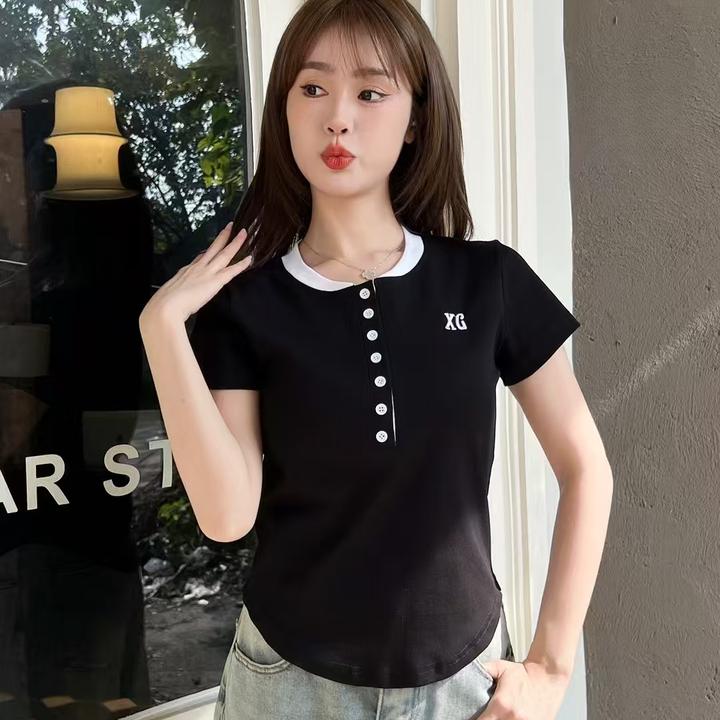 夏季短袖拼色短款棉料T恤女简约时尚纯色高腰圆领修身百搭上衣