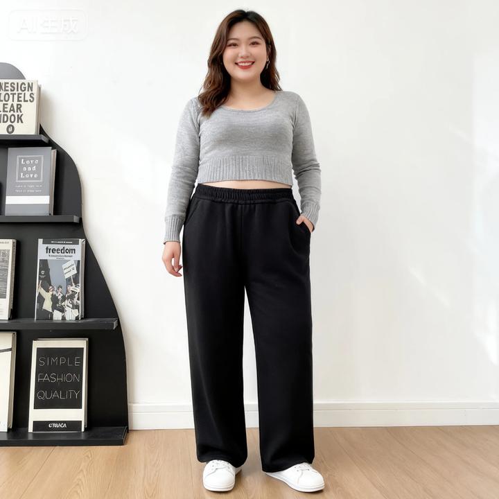 大码休闲裤珠地秋冬加厚裤子直筒裤可穿240斤女高腰显瘦休闲裤子