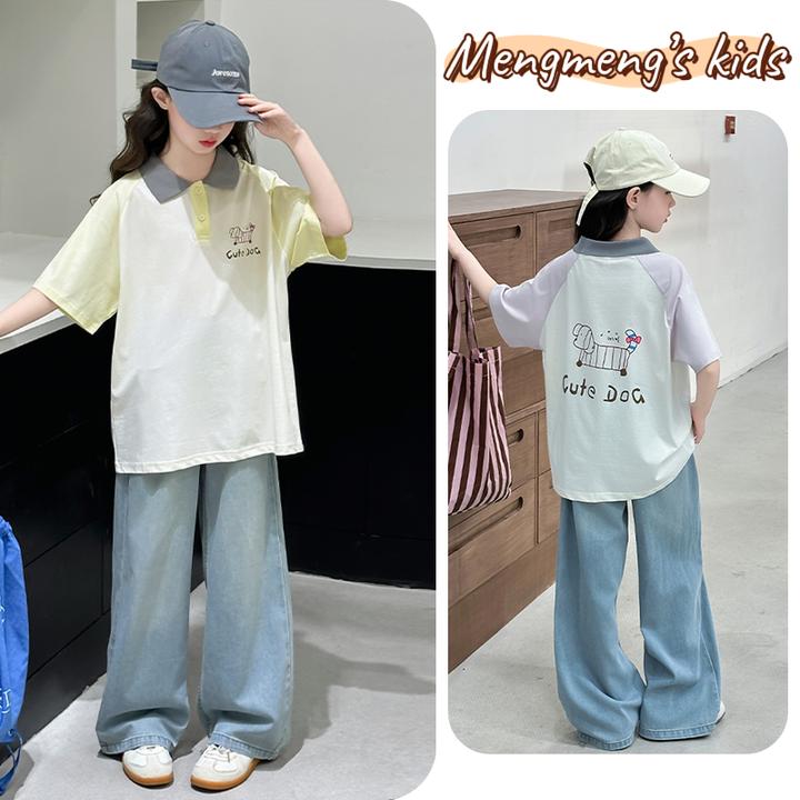 女童插肩袖撞色t恤Polo领中大童洋气休闲夏季短袖2025新款儿童潮