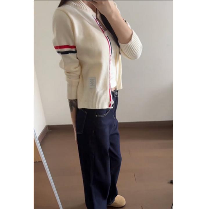 法式高级感条纹白色针织开衫女春季新款慵懒风宽松时尚百搭外套