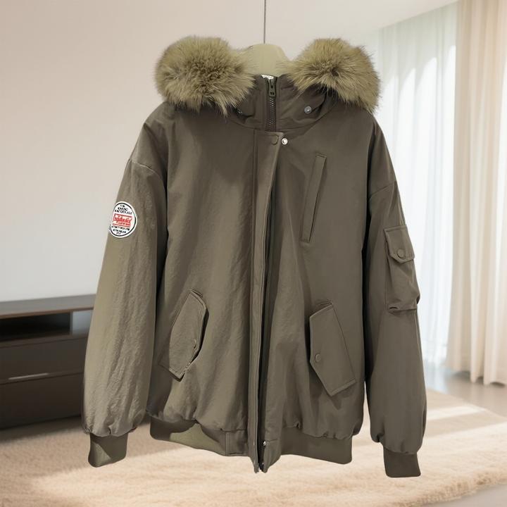 工装风毛领加绒加厚棉服女士中长款2025冬季新款加厚保暖连帽外套