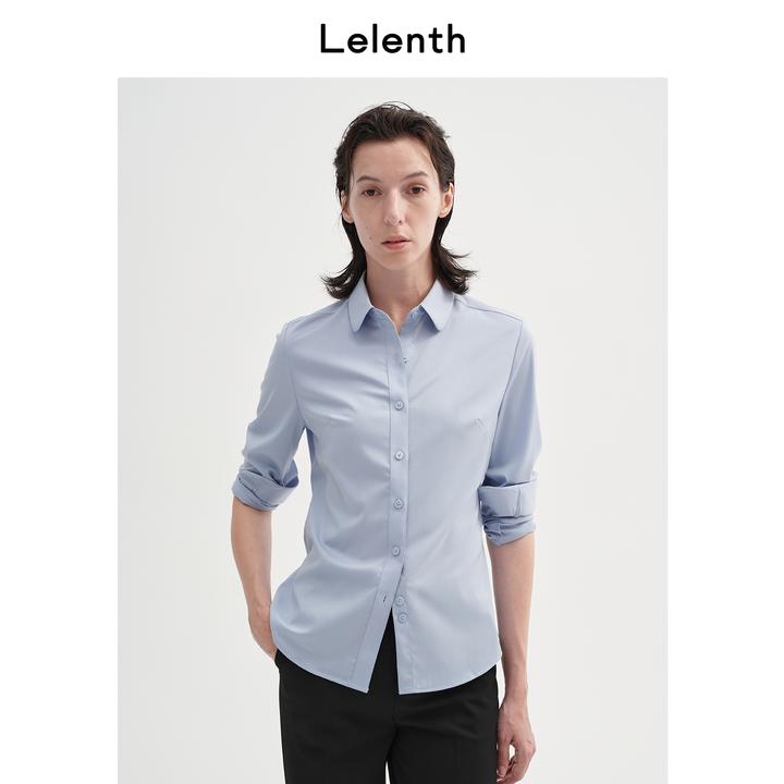 Lelenth蓝色内搭衬衫长袖商务通勤衬衣莫代尔衬衫女修身职业上衣