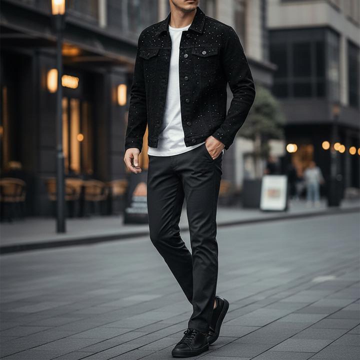 GPTSu新款舒适个性网红牛仔外套男潮牌黑色满天星钻修身夹克褂子