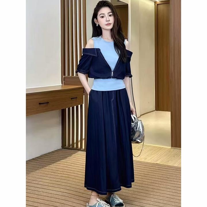 法式INS风辣妹风休闲风时尚套装套装减龄拼接女神范撞色洋气夏季