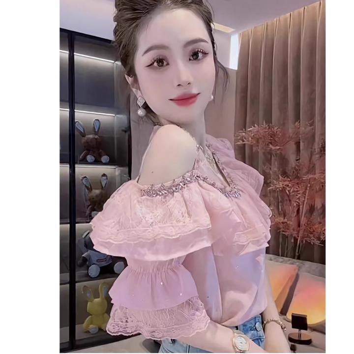 欧货粉色钉珠镶钻荷叶边蕾丝衫套装夏季新款性感露肩短袖衬衫上衣