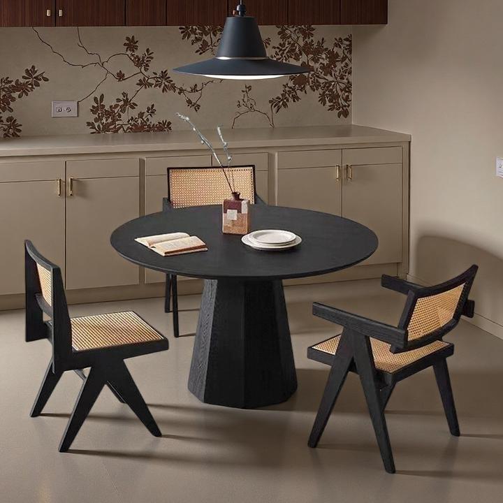 姹寂风实木圆形餐桌黑色复古白蜡木圆桌极简家用北欧现代客厅饭桌