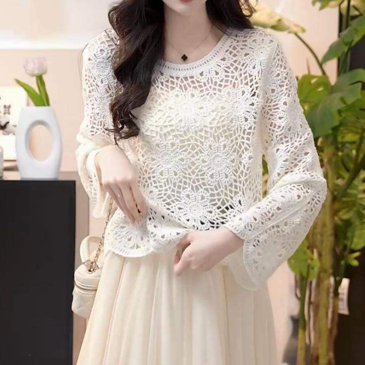 【甜栗奶油】2025春季新款提花设计感镂空蕾丝衫LK2501496