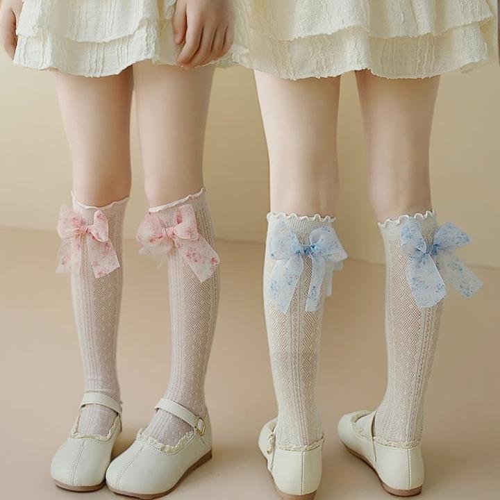 儿童袜子中筒袜春夏季薄款蝴蝶结女童小腿袜宝宝长筒袜网眼镂空