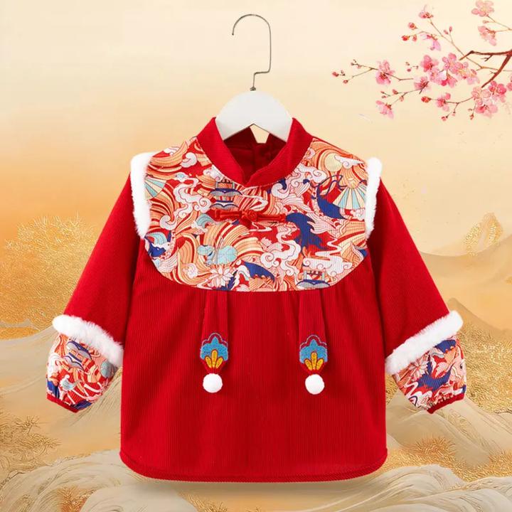 中国风男女宝宝拜年服长袖儿童罩衣防水反穿衣吃饭围裙唐装可外穿