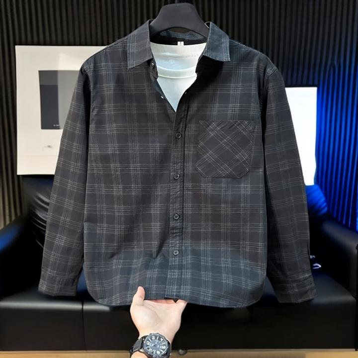 纯棉新款春季潮流宽松复古格纹长袖衬衫男士青年日常休闲痞气衬衣