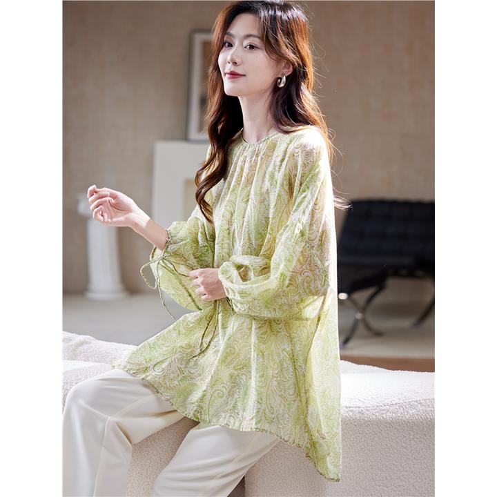 度卡奴圆领宽松印花苎麻衬衫女2025初秋韩版洋气休闲减龄大码衬衣