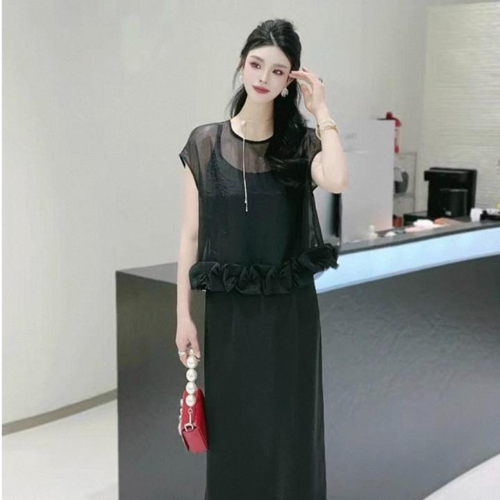 通勤纯色拼接宽松腰夏季连衣裙中长款海妖风公主风休闲时尚显瘦