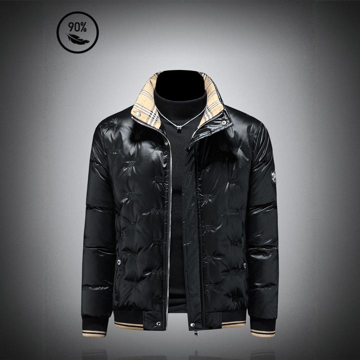 迪诺库克斯高端羽绒服男潮流刺绣格纹拼色立领短款羽绒衣冬季外套