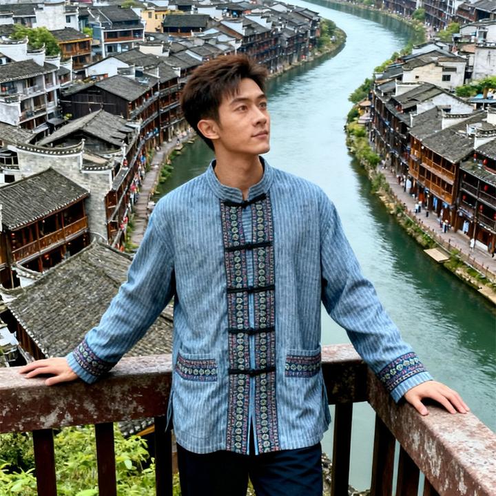 中式通勤风休闲水洗秋季秋冬格子衬衫男立领民族复古刺绣长袖上衣