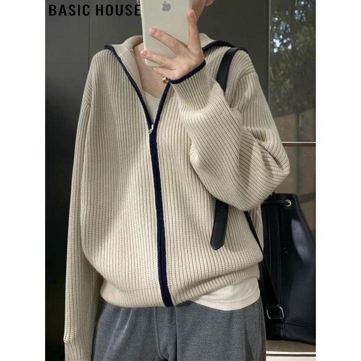 Basic House/百家好杏色高领保暖毛衣外套女2025秋冬拉链针织开衫