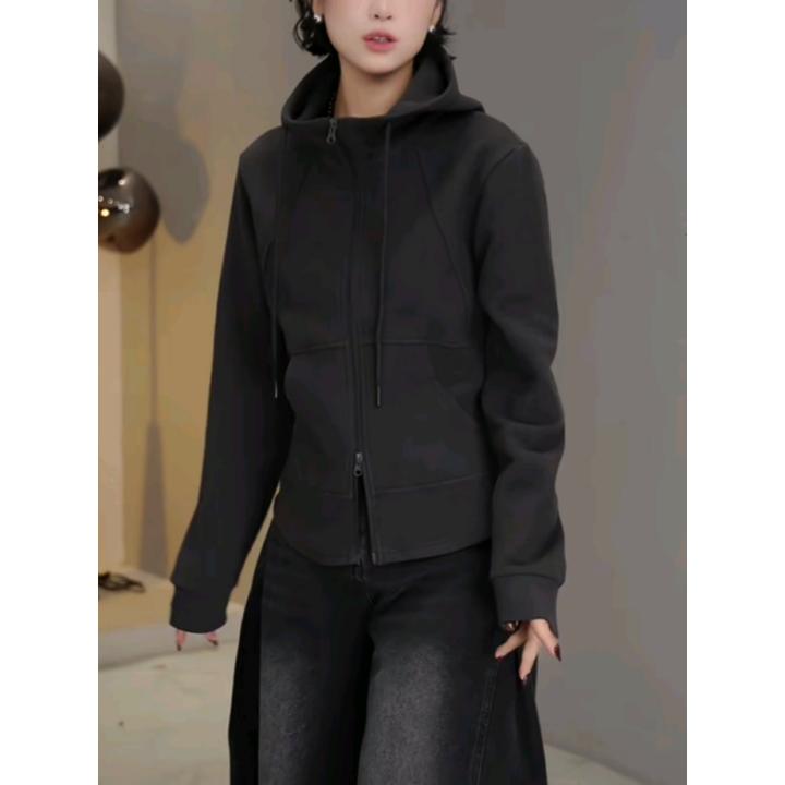 韩版纯色拉链连帽德绒卫衣女2025秋冬新款修身显瘦保暖打底上衣