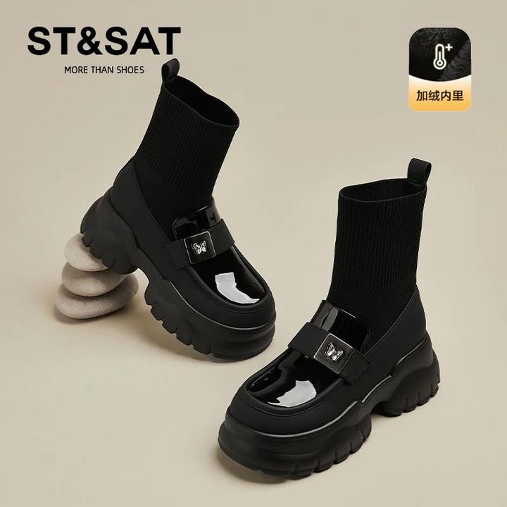 星期六7cm厚底袜靴女乐福鞋短靴2025秋季爆款黑色加绒弹力瘦瘦靴