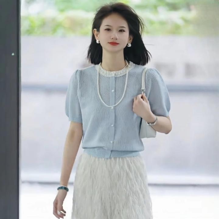 蓝色蕾丝边薄款短袖针织衫女2025新款夏季超好看独特漂亮短款上衣