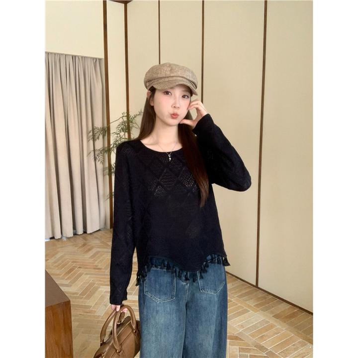 大码设计感镂空长袖针织衫女2025新款秋季胖MM不规则小衫圆领上衣