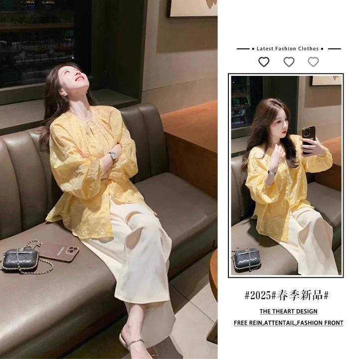 2025春季新款盐系穿搭韩系胖mm黄色圆领衬衫休闲阔腿裤两件套女